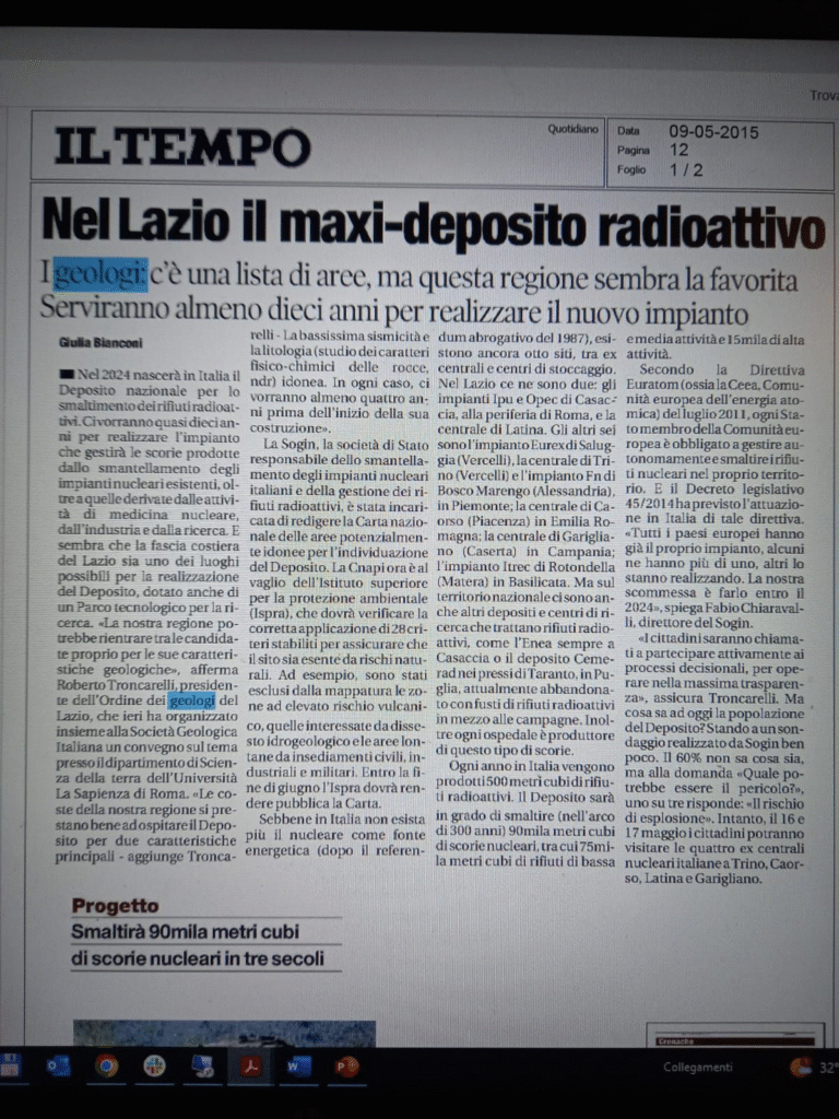 Nel 2015 il tempo titolava “Lazio il maxi-deposito radioattivo”