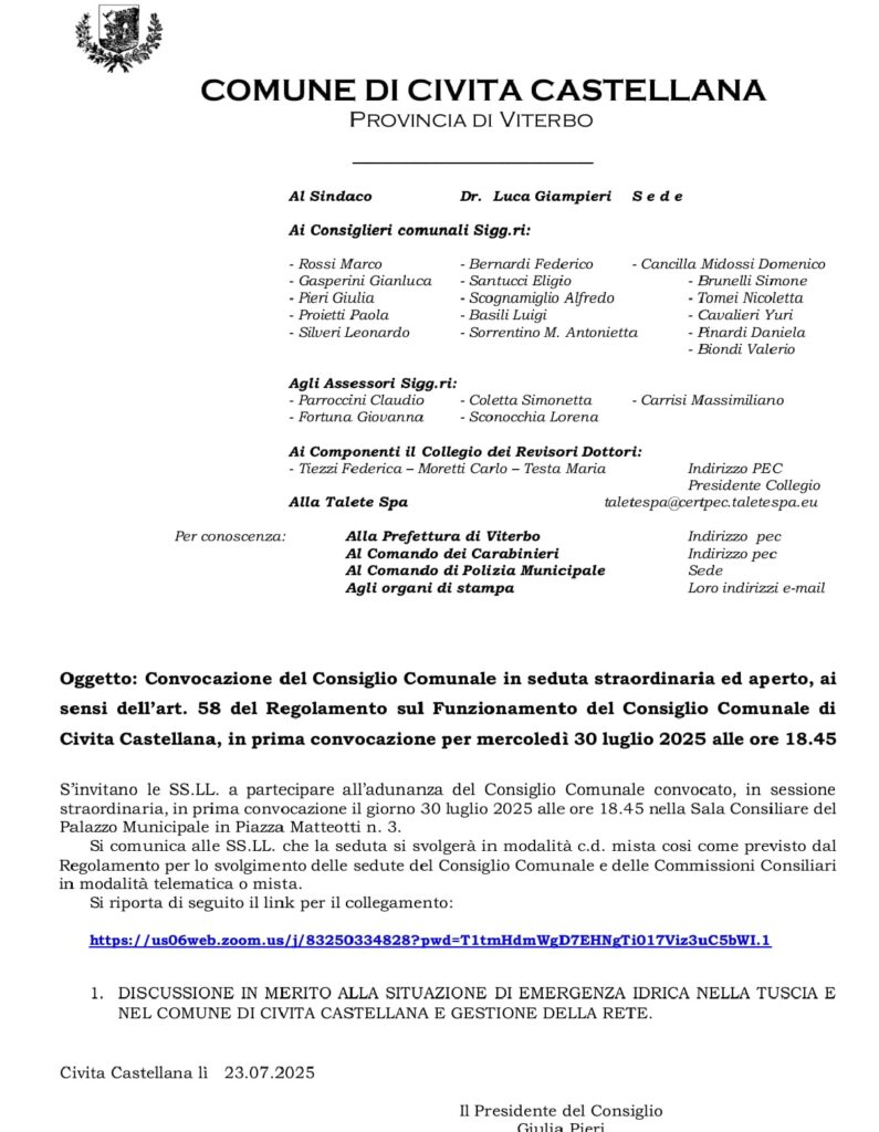 Civita Castellana convocazione per situazione acqua e gestione della rete